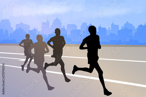group of marathon runners silhouettes on abstract city background