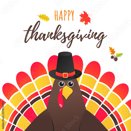Happy thanksgiving day flat style design poster vector illustration with turkey, text and autumn leaves. Turkey with hat and colored feathers celebrate holidays!
