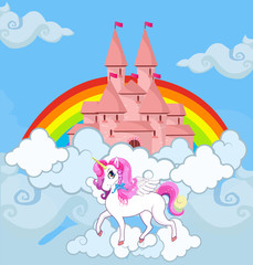 Wandcirkels Eenhoorn Eenhoorn bij hemelkasteel met regenboog  © Ekaterina