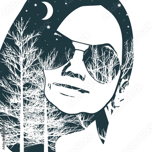Face front view. Elegant silhouette of a head textured by tree branches. Double exposure. Moon and stars