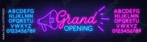 Grand opening neon sign on dark background. Poster,banner for the opening ceremony. Neon alphabet. Template for design.