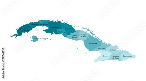 Vector isolated illustration of simplified administrative map of Cuba. Borders and names of the provinces (regions). Colorful blue khaki silhouettes