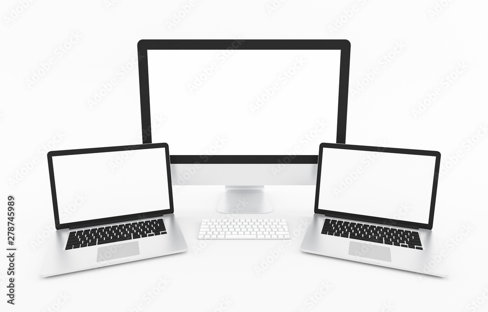 Blank Computer, laptop, keyboard, mouse on white background, Mock up, illustration 3D rendering Blank Computer, laptop, keyboard, mouse on white background, Mock up, illustration 3D rendering
