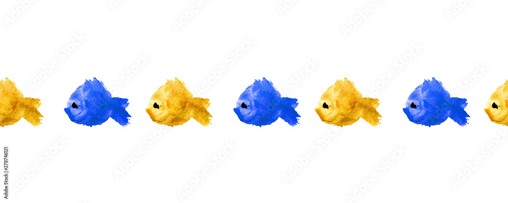 Seamless border or frame of colorful watercolor silhouette fishes made in the form of blots, stains on a white background isolated. Blue and yellow contrast color ocean animals swimming in one way