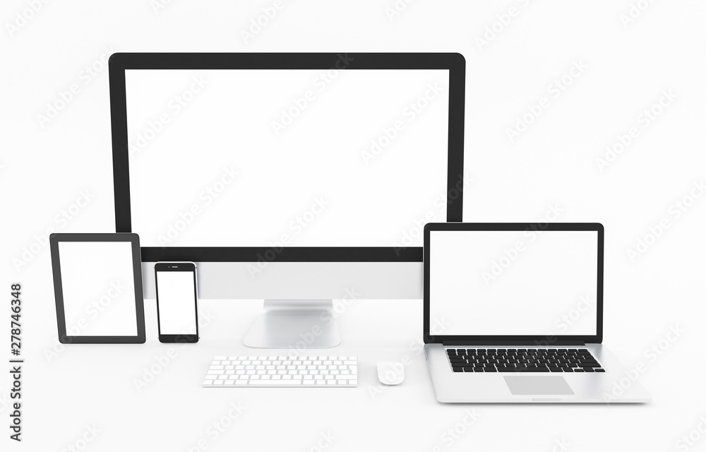 Blank Computer, laptop, tablet, smartphone, keyboard, mouse on white background, Mock up, illustration 3D rendering Blank Computer, laptop, tablet, smartphone, keyboard, mouse on white background, Mock up, illustration 3D rendering