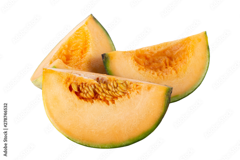 heap of slices of cantaloupe isolated on white background heap of slices of cantaloupe isolated on white background