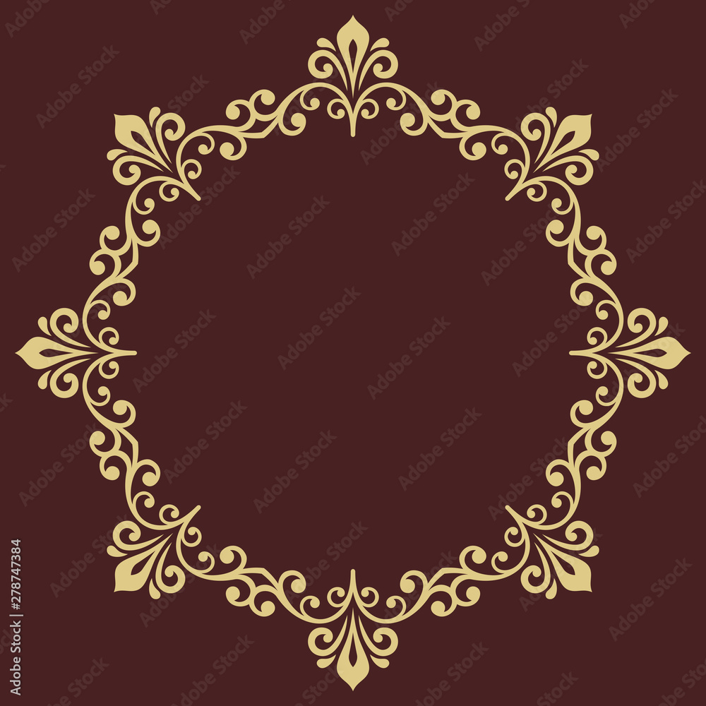 Oriental vector round frame with arabesques and floral elements. Floral border with vintage pattern. Greeting card with round golden place for text
