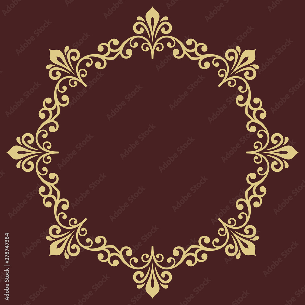 Oriental vector round frame with arabesques and floral elements. Floral border with vintage pattern. Greeting card with round golden place for text Oriental vector round frame with arabesques and floral elements. Floral border with vintage pattern. Greeting card with round golden place for text