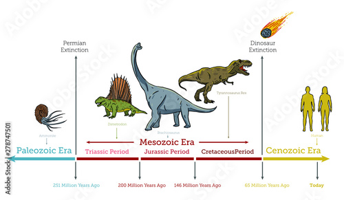 Dinosaurs Extinction infographic diagram showing paleozoic mesozoic cenozoic eras and dinosaurs periods including triassic jurassic cretaceous million years ago for geology science education - Vector photo