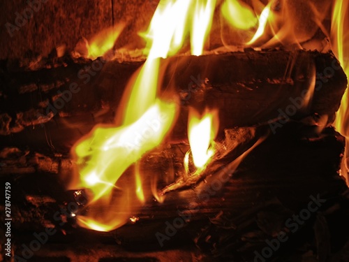 Wooden logs burning in a fireplace