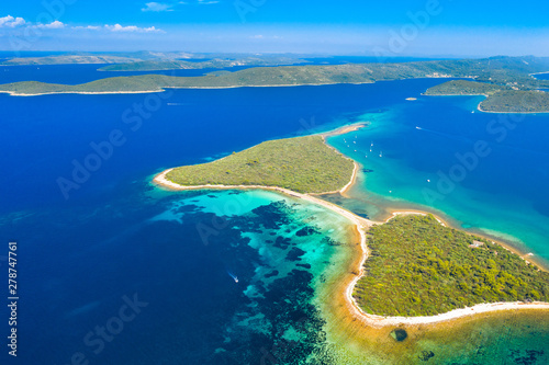 Aerial view of spectacular turquoise lagoon and pine beaches on Dugi Otok island, Croatia, beautiful seascape