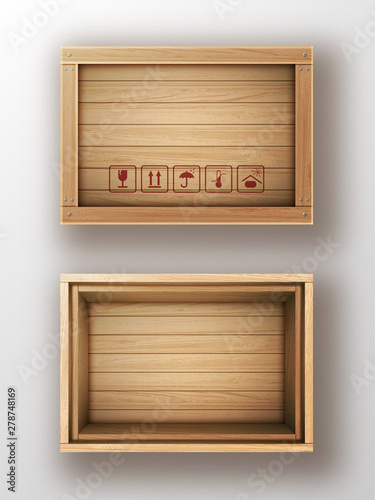 Wooden box open and closed realistic vector illustration. Wooden crate or cargo box for storage, transportation and delivery of product with postal symbols and metal nails isolated on white background