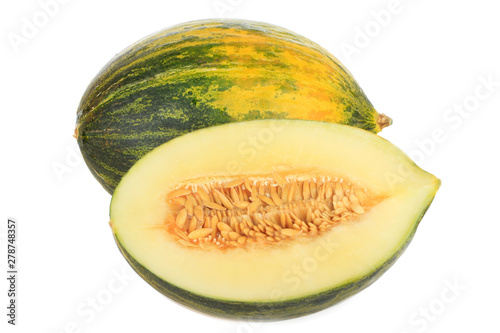 fhalf of resh piel de sapo (SANTA CLAUS) melon isoalted on white background. front view