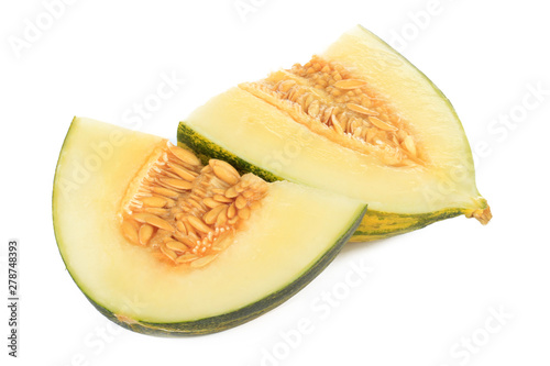 slice of fresh piel de sapo (SANTA CLAUS) melon isoalted on white background