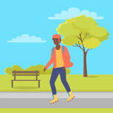 Man wearing helmet, person character going on rollerblades in city park with bench and trees. Boy rollerblading in casual clothes, urban activity vector