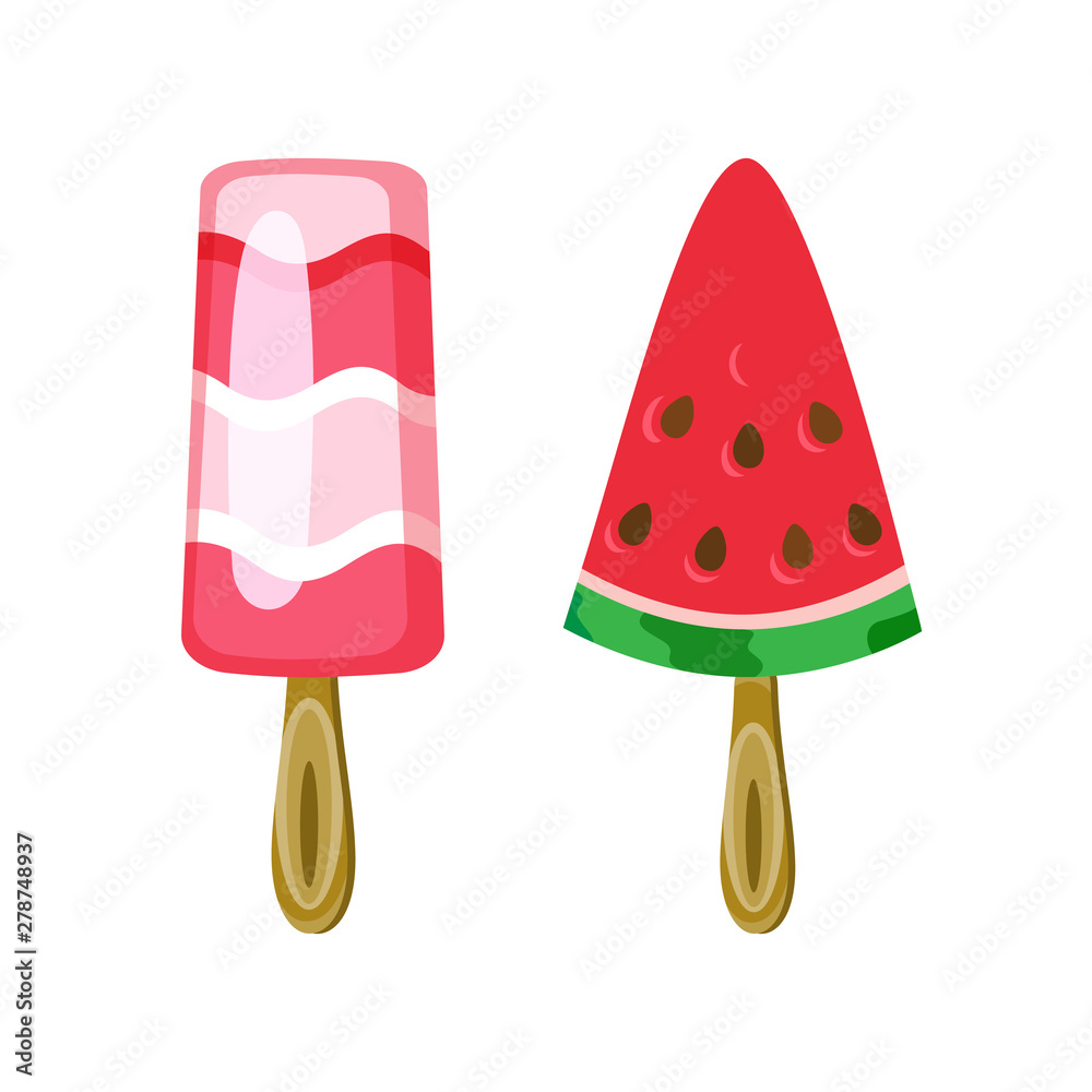 Colorful ice-cream on wooden stick, pink frozen juice in stripes and in shape of watermelon isolated on white, bright glossy sweet, summer dessert vector Colorful ice-cream on wooden stick, pink frozen juice in stripes and in shape of watermelon isolated on white, bright glossy sweet, summer dessert vector