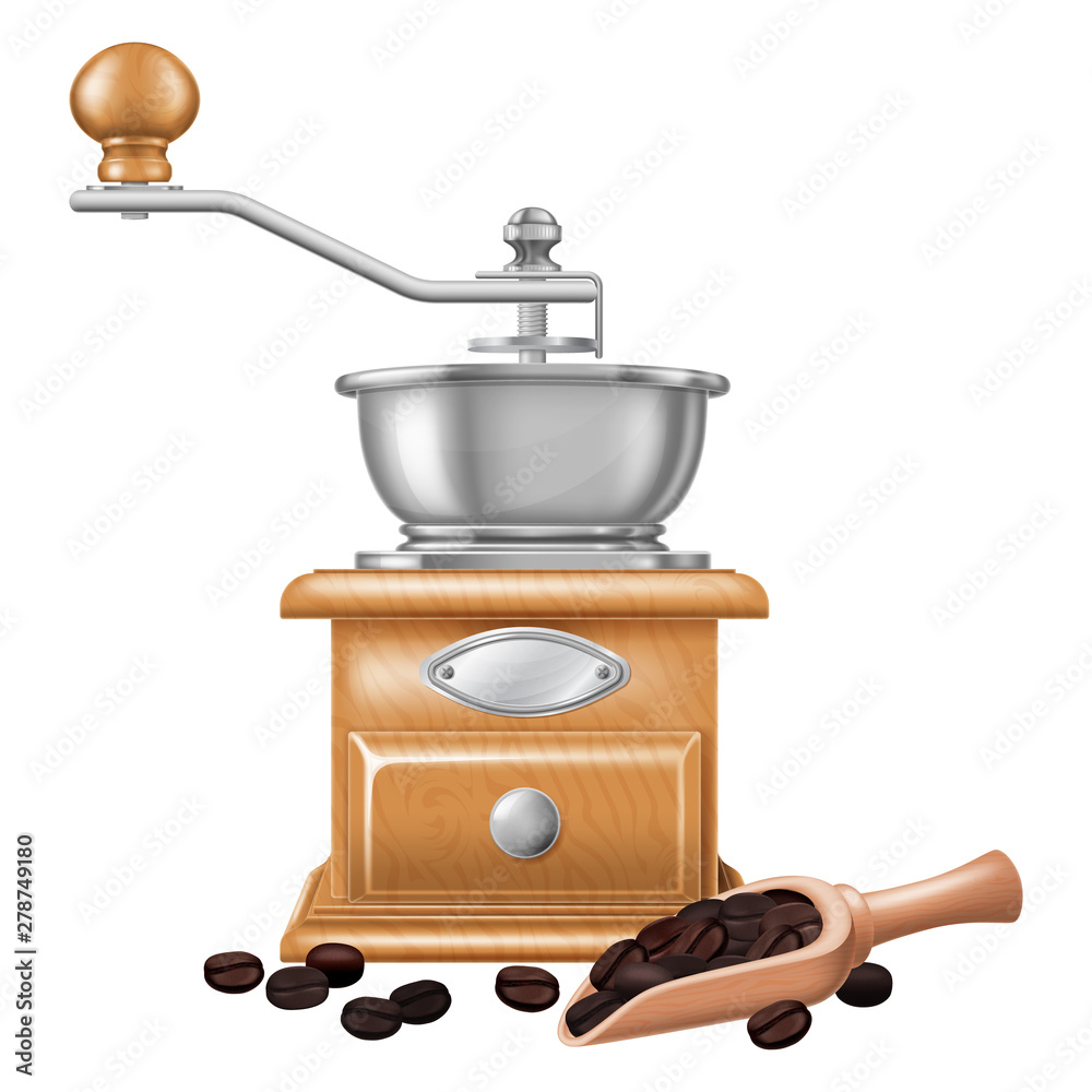 Manual coffee grinder and a wooden spoon full of coffee beans. Vector illustration. Manual coffee grinder and a wooden spoon full of coffee beans. Vector illustration.