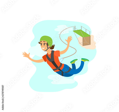 Woman wearing helmet and insurance falling from bridge, bungee jumping poster, freefall extreme sport, portrait view of smiling and flying female vector