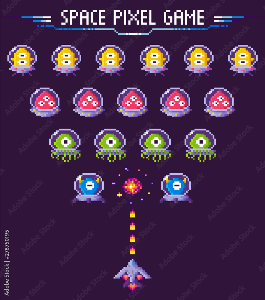 War of ufo and pixelated spaceship, ship shooting, screen of video-game, bomb of monster, cosmic object on purple, 8 bit fly element, pixel game, rocket with laser vector Stock Vector Adobe