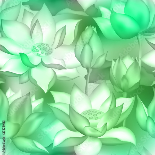 Lotus buds and flowers seamless background., Water lilly nelumbo aquatic plant illustration.