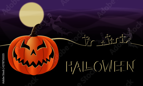 Zucca di halloween. Sfondo notturno con cimitero, luna piena e fantasmi