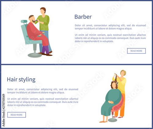 Barber for men beards, male specializing trimming hair on face. Service for people to change haircut. Posters set with text sample and experts vector
