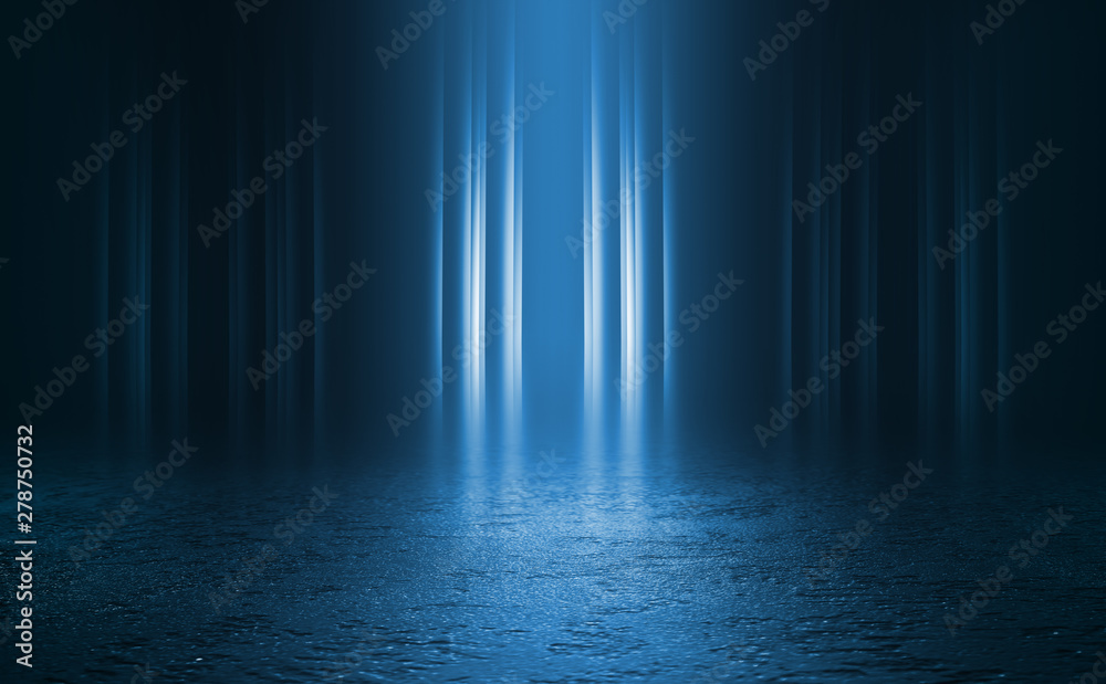 Empty background scene. Dark street reflection on wet asphalt. Rays of neon light in the dark, neon figures, smoke. Background of empty stage show. Abstract dark background. Empty background scene. Dark street reflection on wet asphalt. Rays of neon light in the dark, neon figures, smoke. Background of empty stage show. Abstract dark background.