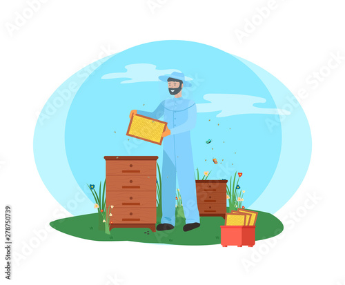 Apiarist working with bees vector, farming and beekeeping hobby business of man wearing special protective costume, beehive with honey farmer isolated