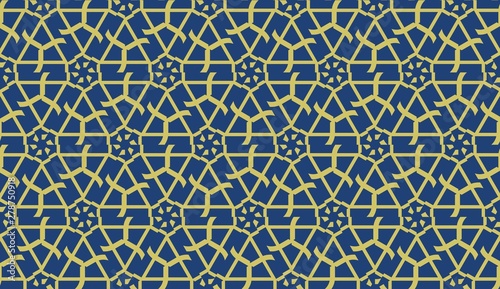Vector seamless geometric pattern. Triangles curved line. For wallpaper, presentation background, interior design, fashion print. Blue, dark yellow color