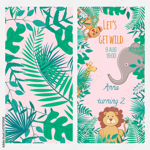 Vector illustration with cartoon animals and inscription Let's Get Wild and seamless pattern with leaves. For birthday, baby shower or party invitation, nursery baby room poster, print design.