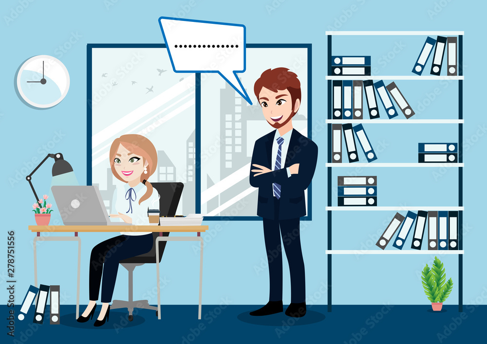 Business people group, boss and staff or workers in office background vector illustration in cartoon character style.