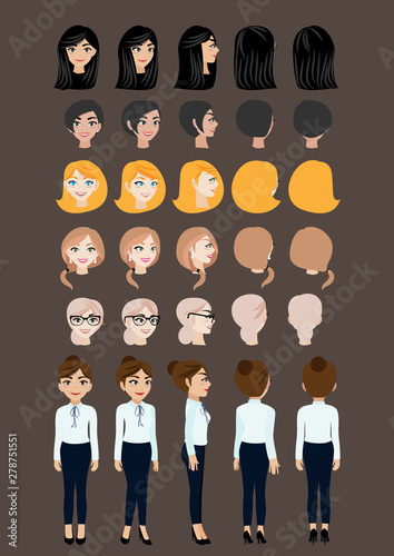 Cartoon character with business woman for animation. Front, side, back, 3-4 view character. Set of female head and flat vector illustration.