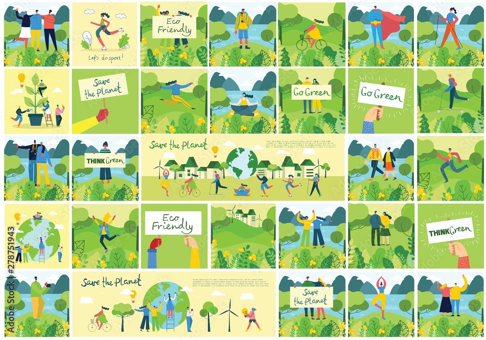Fototapeta premium Vector illustration ECO background of Concept of green eco energy and quote Save the planet. Landscape, forest, hills and trees with wind turbines in flat geometric style
