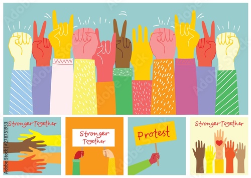 Vector illustration of Activists men and women hands up together in the flat style. Concept illustration with colored characters. Stronger together