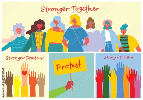 Vector illustration of Happy women holding hands together in the flat style. Concept illustration with colored characters. Stronger together