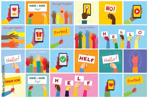 Hands hold banners and phones with different messages. Modern concept for web banners, web sites, infographics. Creative flat design vector illustration