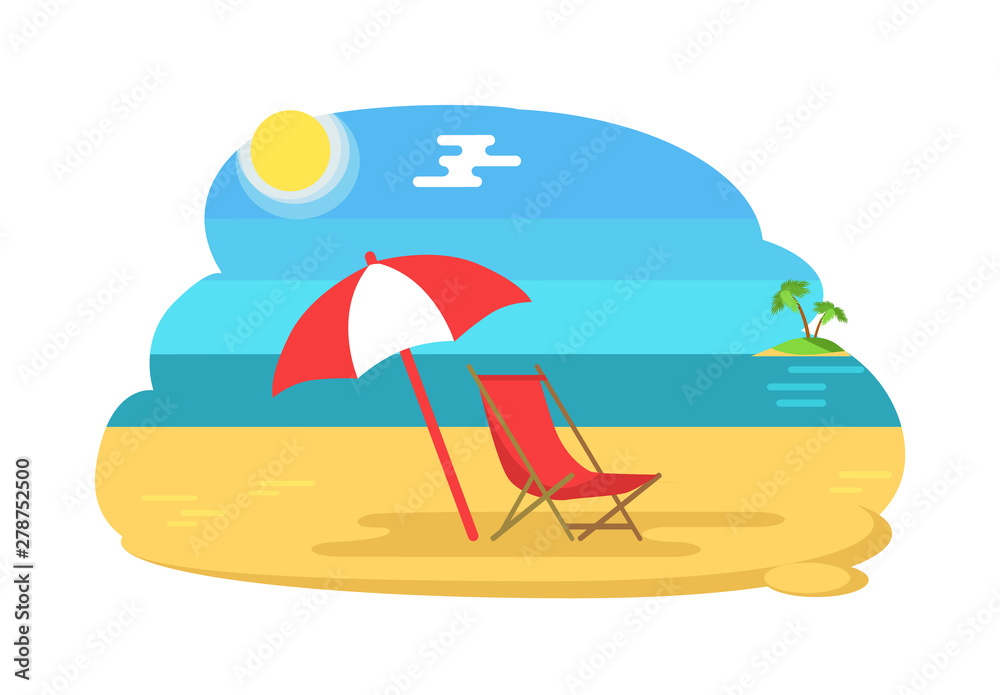 Seaside sunny coastline holiday vector. Seashore with umbrella giving shade and deck chair to relax. Shining sun and palm tree on island in distance