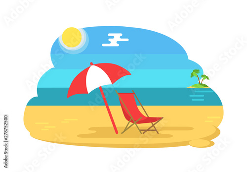 Seaside sunny coastline holiday vector. Seashore with umbrella giving shade and deck chair to relax. Shining sun and palm tree on island in distance