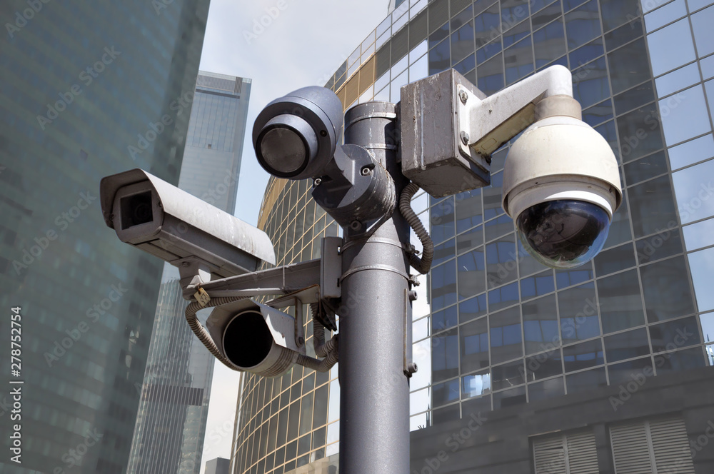 closed circuit camera Multi-angle CCTV system. on the background of a city closed circuit camera Multi-angle CCTV system. on the background of a city
