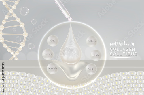 Hyaluronic acid plus multivitamins and minerals skin solutions ad, white collagen serum drop with cosmetic advertising background ready to use, illustration vector.