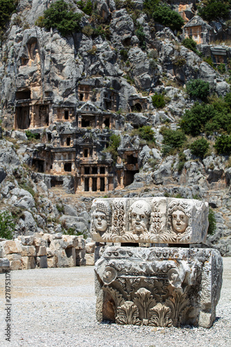 Archeological remains of the Lycian rock cut tombs in Myra  Turkey