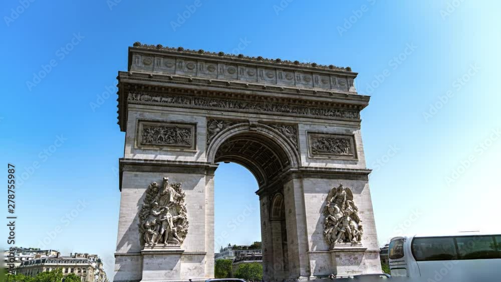 Arc de Triomphe in Paris Under Blue Summer sky Hyperlapse or Time-Lapse . One of the most iconic  tourist places in France