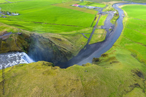 Fototapeta Naklejka Na Ścianę i Meble -  Aerial view of Skogafoss waterfall, Iceland by drone