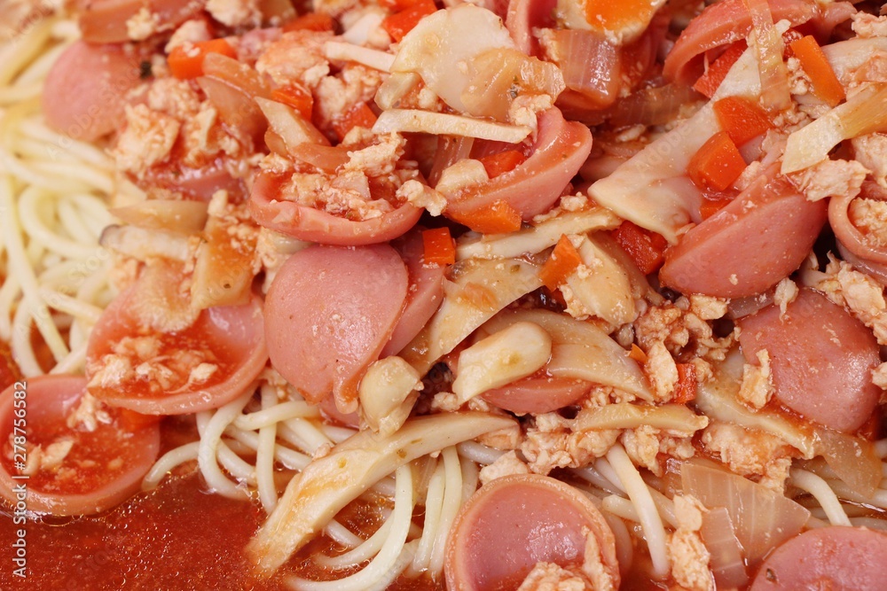 Spaghetti with pork delicious at street food Spaghetti with pork delicious at street food
