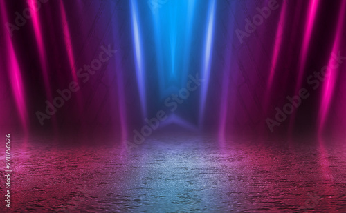 Empty background scene. Dark street reflection on wet asphalt. Rays of neon light in the dark  neon figures  smoke. Background of empty stage show. Abstract dark background.