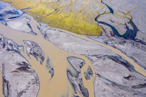 Aerial drone view of glacial river system, Iceland