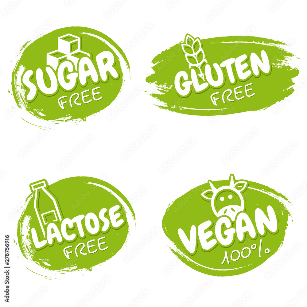 Set of vegan badges. Gluten, lactose, sugar free logo design templates.  Healthy and natural. Stock Vector | Adobe Stock
