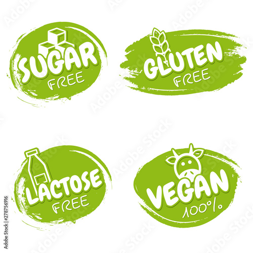 Set of vegan badges. Gluten, lactose, sugar free logo design templates. Healthy and natural.