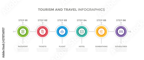 Modern design elements for Tourism And Travel concept Multicolor infographics.Timeline with 6 steps, options, Circles. Vector template