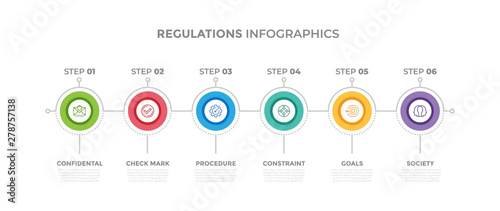 Modern design elements for Regulations concept Multicolor infographics.Timeline with 6 steps, options, Circles. Vector template